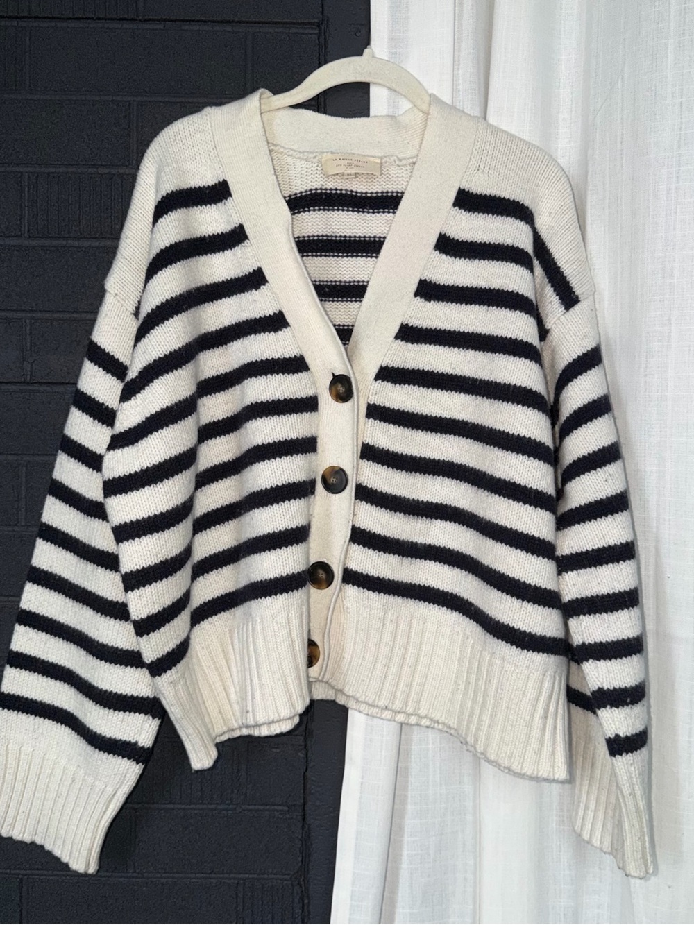 SEZANE Wilson Cardigan Size XL Striped Wool Cotton Blend Button